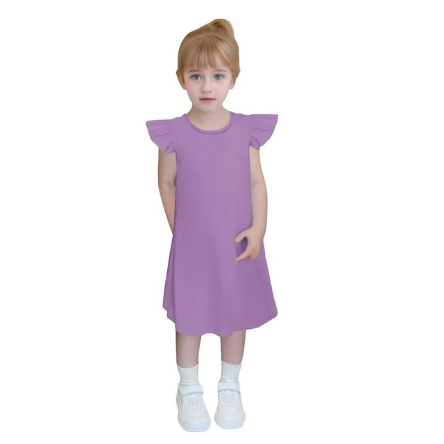 Yanlir Robe de Fête pour Tout-Petites Filles 4-14 Ans Enfants Douce et Confortable Manches à Volants Couleur Unie Col Ras du Cou Robe d'Été pour Tenues de Princesse (Violet, 11 Ans)