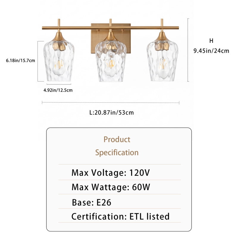 3-Light Gold Vanity Light, 20.87 Inch Bathroom Light Fixture with Hammered Glass Shadesm Modern Wall Sconce for Vanity, Powder Room & Bedroom