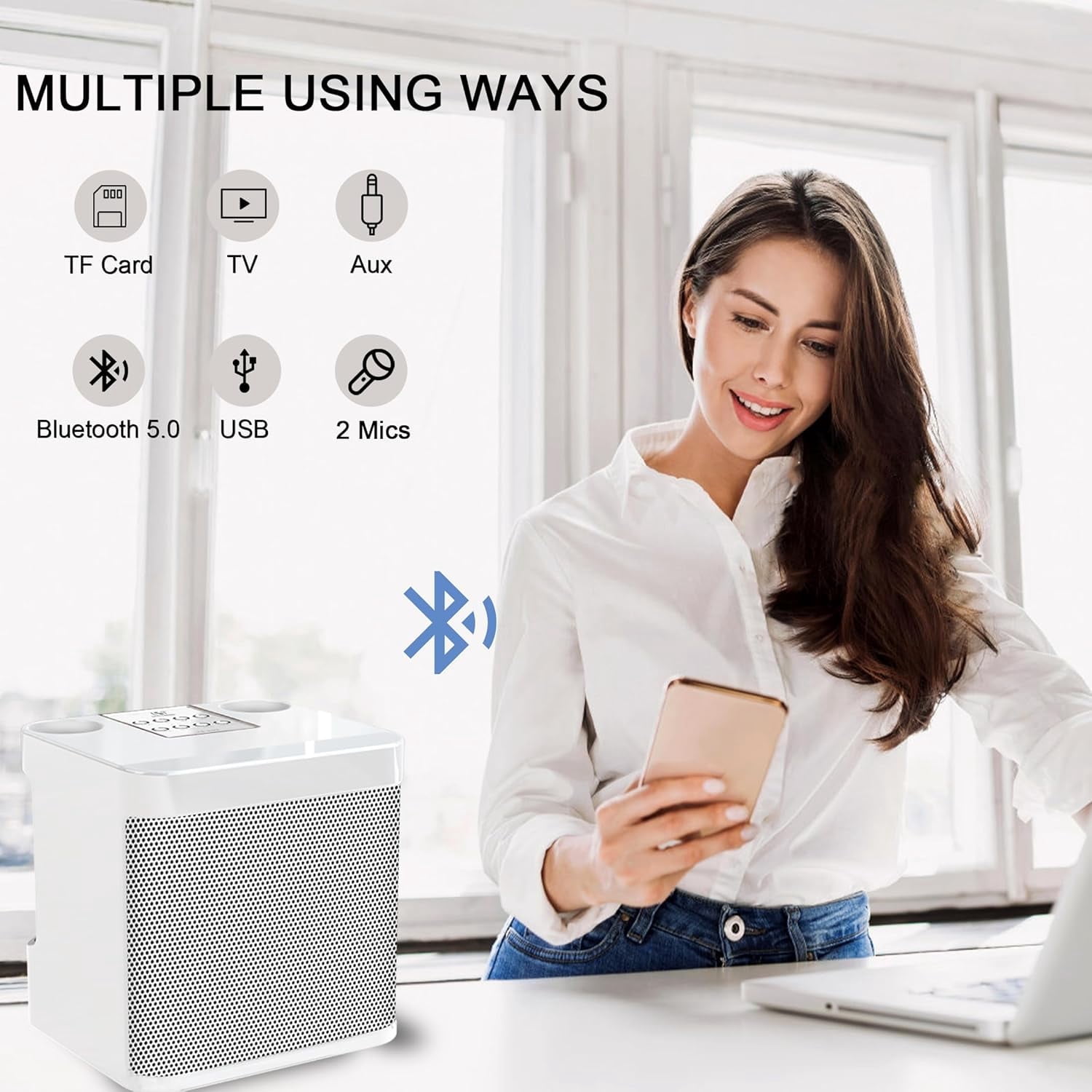 Karaoke Machine with 2 Wireless Mics, Portable Bluetooth Speaker for TV Singing, Home Party & Gifts for Adults, Kids, Boys & Girls White