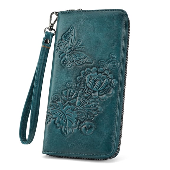 [Mother’s Day Gift Present] Women's Wallet Leather RFID Blocking Trifold Ladies Purse Embossed long Clutch Card Holder Phone Checkbook Organizer Rose