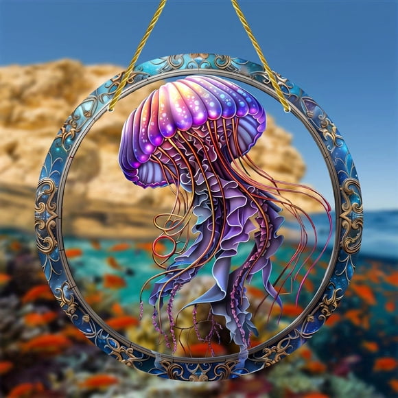 EGNMCR Home Decor, Room Decor, Wall Decor Jellyfish Catcher 8-inch Circular Acrylic Window Hanging All Season Home And Garden Decoration Jellyfish light catcher