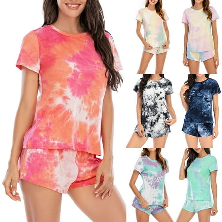 Pajamas For Women Plus Size Fashion Women Tie-dye Print Short Sleeve Tracksuit Nightwear Sleepwear Set Lingerie for Women Clearance