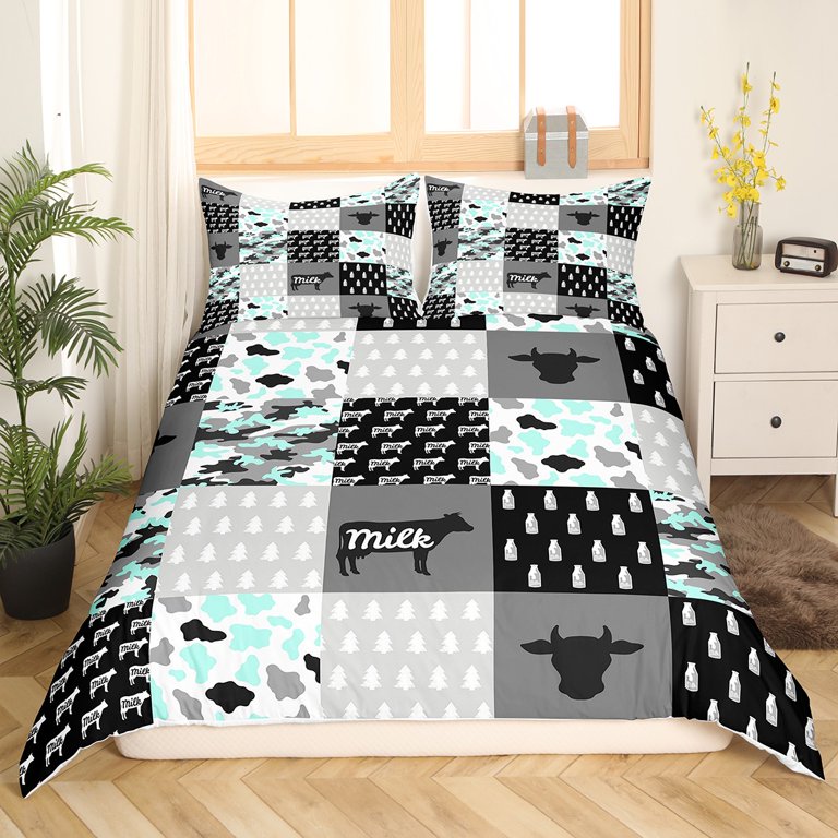 Rustic Cow Duvet Cover for Cowboy Cowgirl,Grey Blue Army Camo Striped Bedding  Set,Farmhouse Cow Print Comforter Cover Twin,Vintage Southwest Animal Bed  Cover with 1 Pillowcase Zipper&Ties Soft 