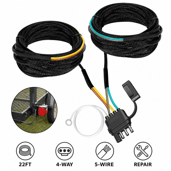 22ft 4-Way 5-Wire Trailer Wiring Harness, Flat Plug Kit