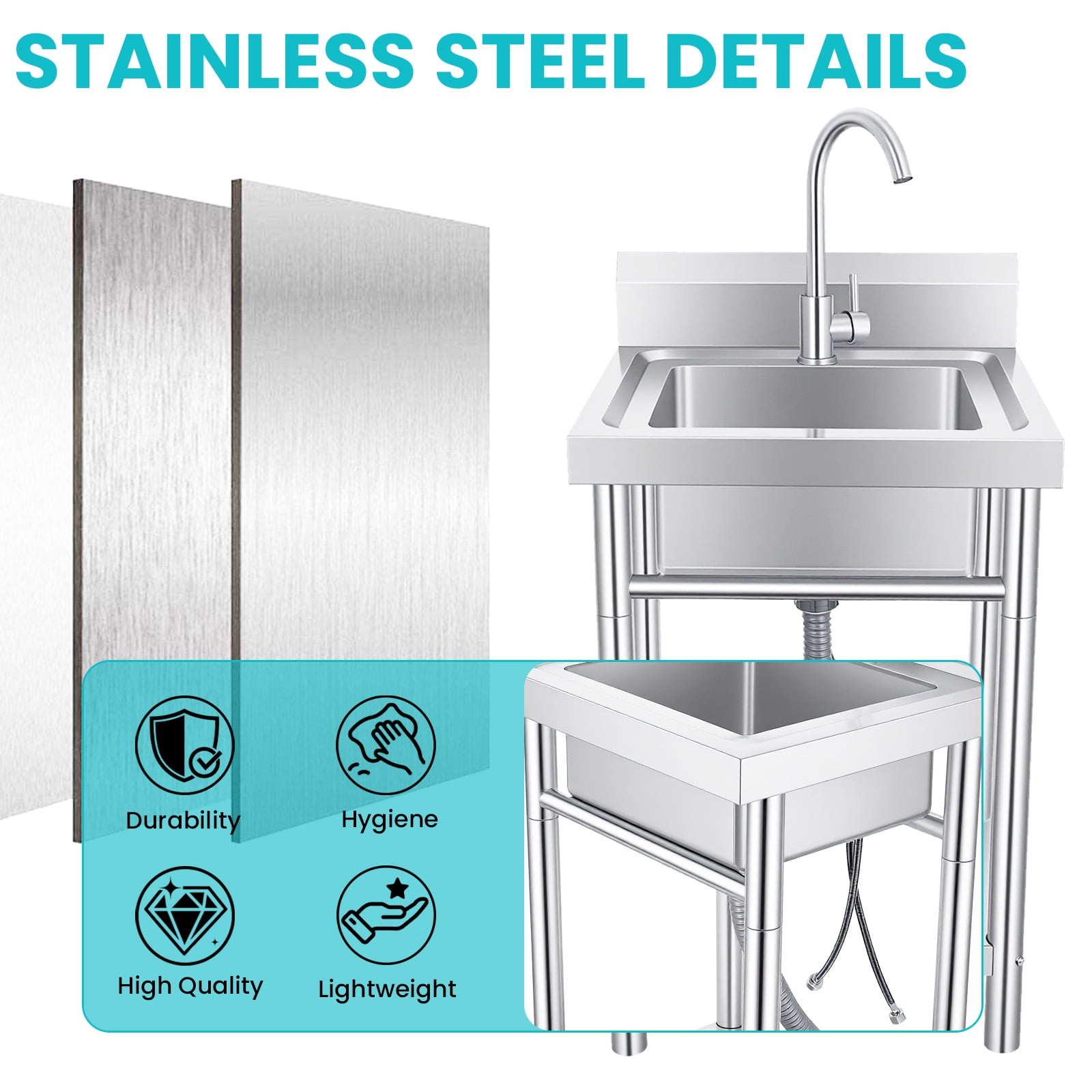 Commercial Kitchen Sink Free Standing Single Bowl Washing Hand Basin Laundry Tub Utility Sink 20 in Silver Lightweight with Installation Kit for Café, Bistro, Indoor