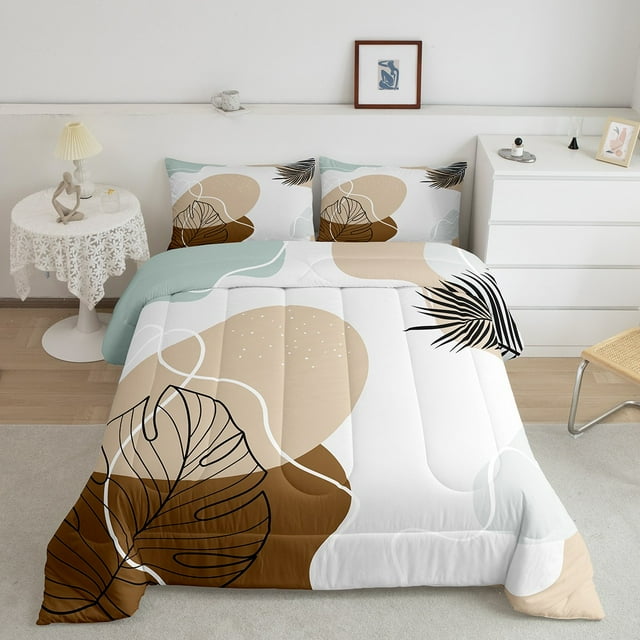 YST Black Palm Leaves Bedding Set, Boho Tropical Botanical Comforter Set, King, Brown, Summer Room Decor