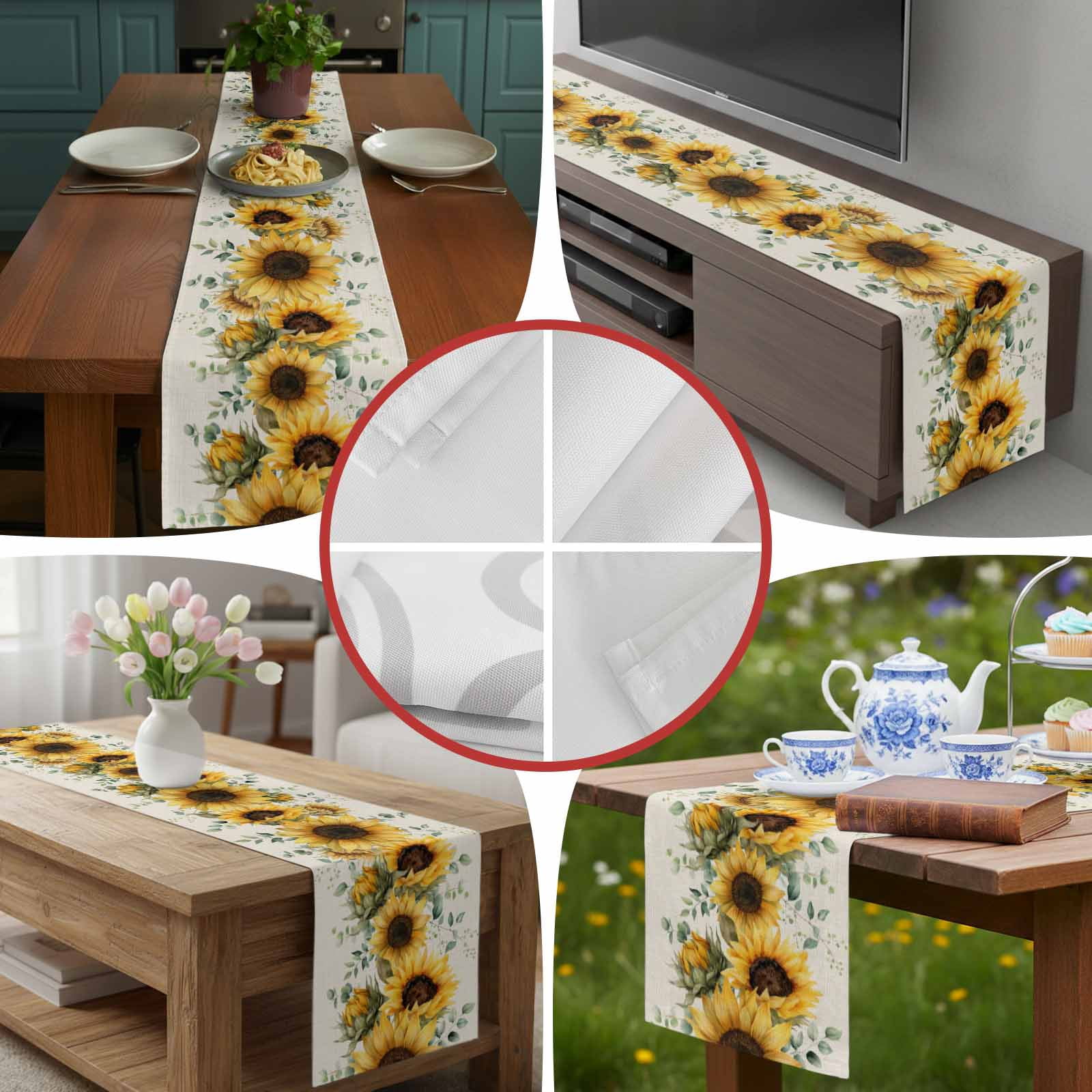 Farm Sunflower Eucalyptus Leaves Table Runner 90 Inches Long, Rustic Plants Retro Linen Table Runners Tabletop Scarf Kitchen Dining Tables Decoration for Home Party Indoor Outdoor