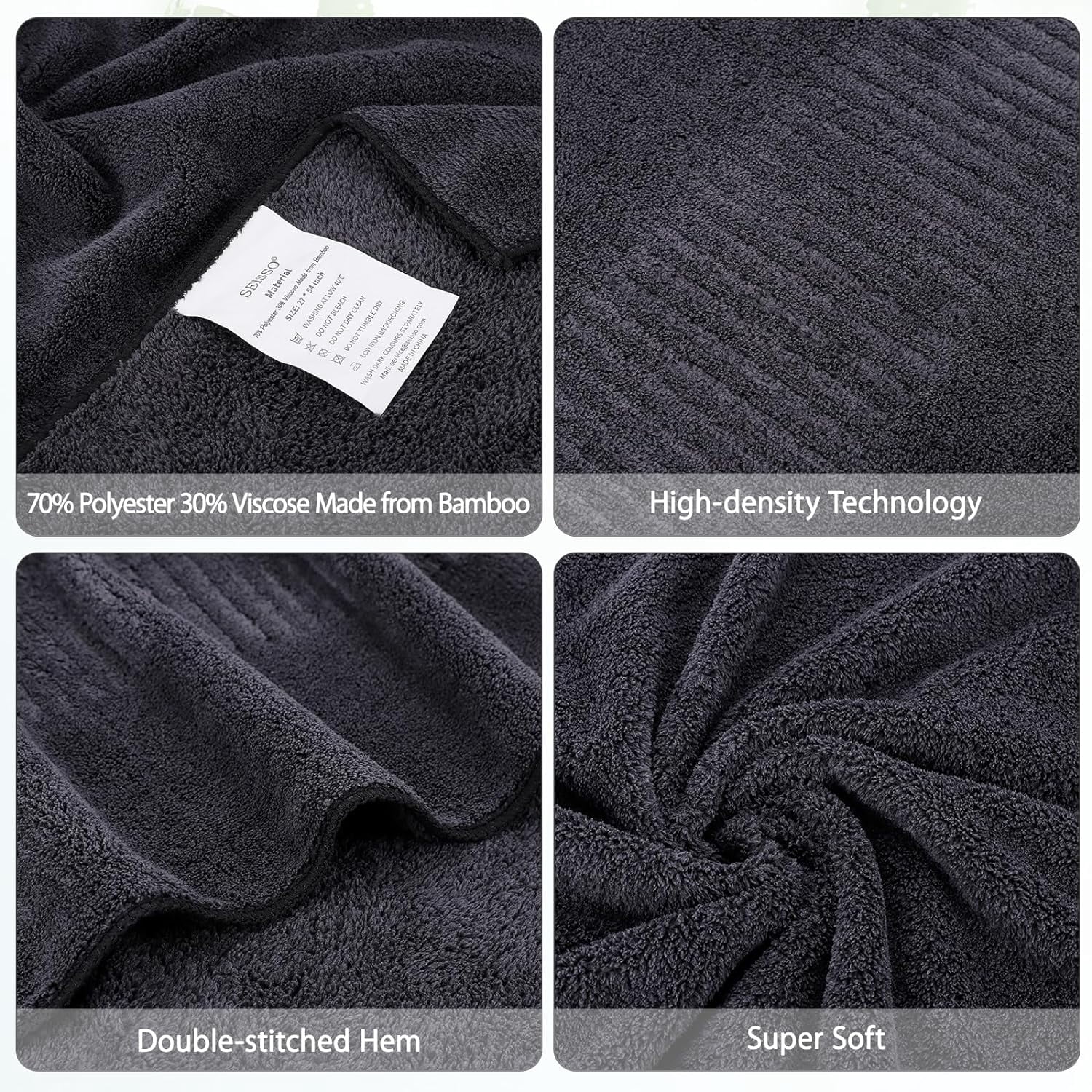Luxury Bath Towels 27” x 54” - Super Soft, Lightweight Bamboo Viscose, Quick Dry, for Bathroom, Fitness, Hotel, Spa, Yoga, Dark Grey (2-pack)