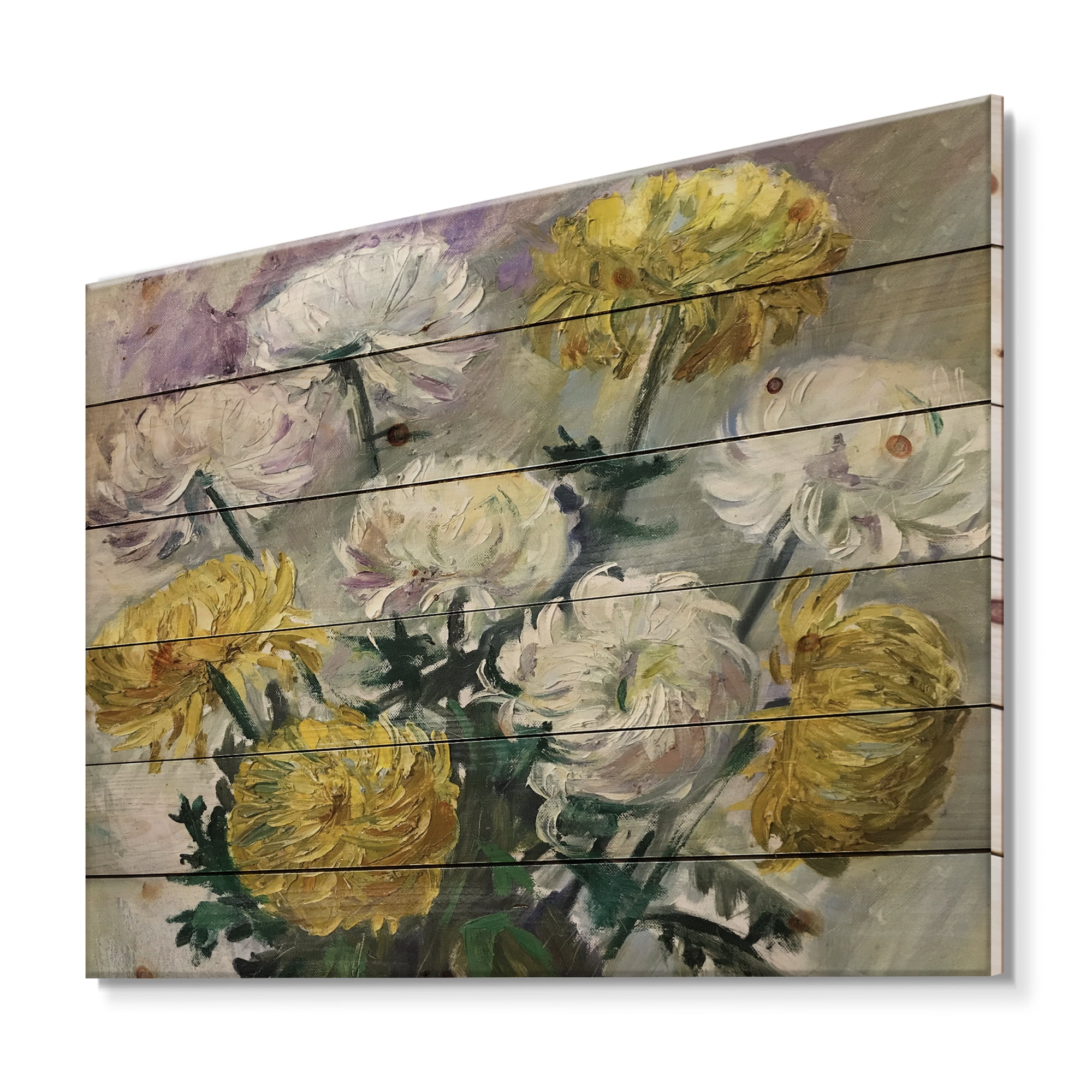 Designart 'Golden and White Daisies' Traditional Print on Natural Pine Wood
