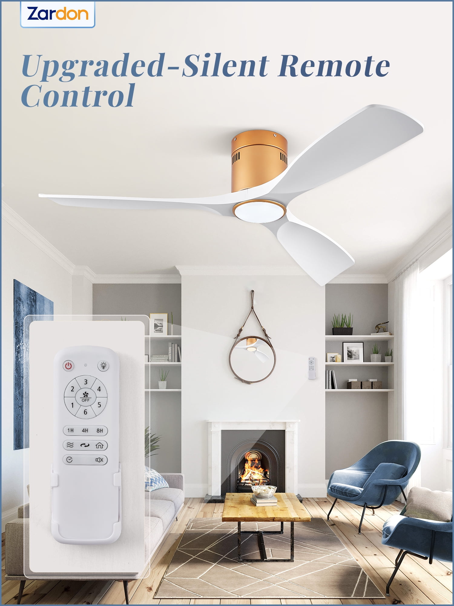 Zardon 52in Ceiling Fans with Remote Control and Light, 6 Speeds Reversible DC Motor, for Bedroom, Living Room, Indoor, Outdoor, White and Gold