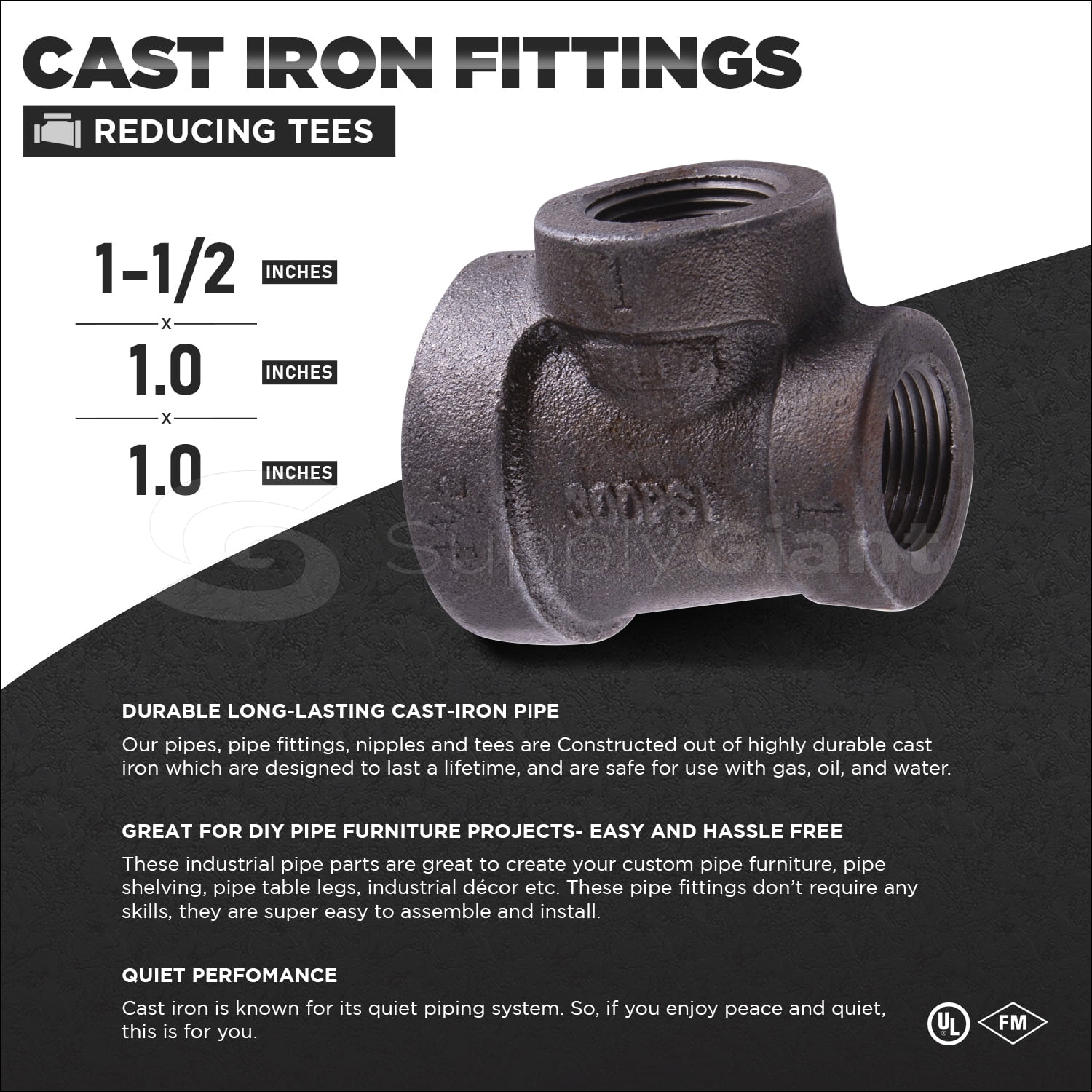 Supply Giant 1-1/2" x 1" x 1" BLack Pipe Fitting Reducing Tee Cast Iron