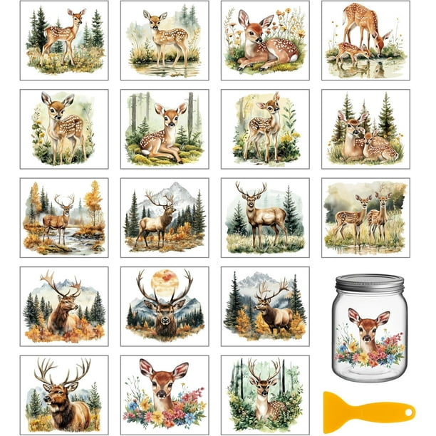 18 hojas de calcomanías de ciervos Sika Nature para frotar, animales del bosque, impermeables, UV, DTF, para vasos, calcomanías de ciervos Milu para botellas de agua, jarrones y manualidades.