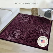 Maples Rugs Pelham Transitional Vintage Scroll Wineberry Non Slip Indoor Area Rug, 5' x 7'