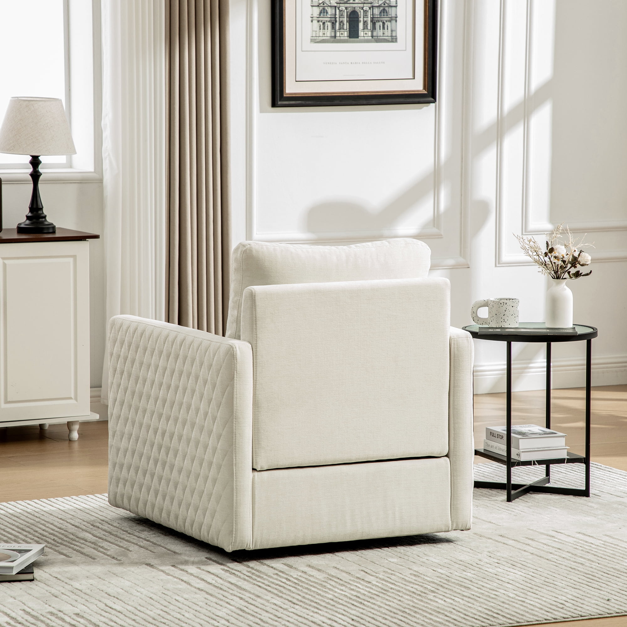 Leumius 360° Swivel Armchair with Hidden Storage, Comfy Diamond-Shape Tufted Armrests Accent Square Club Chair Single Sofa with Pillow for Living Room Bedroom Reading Nook Beige