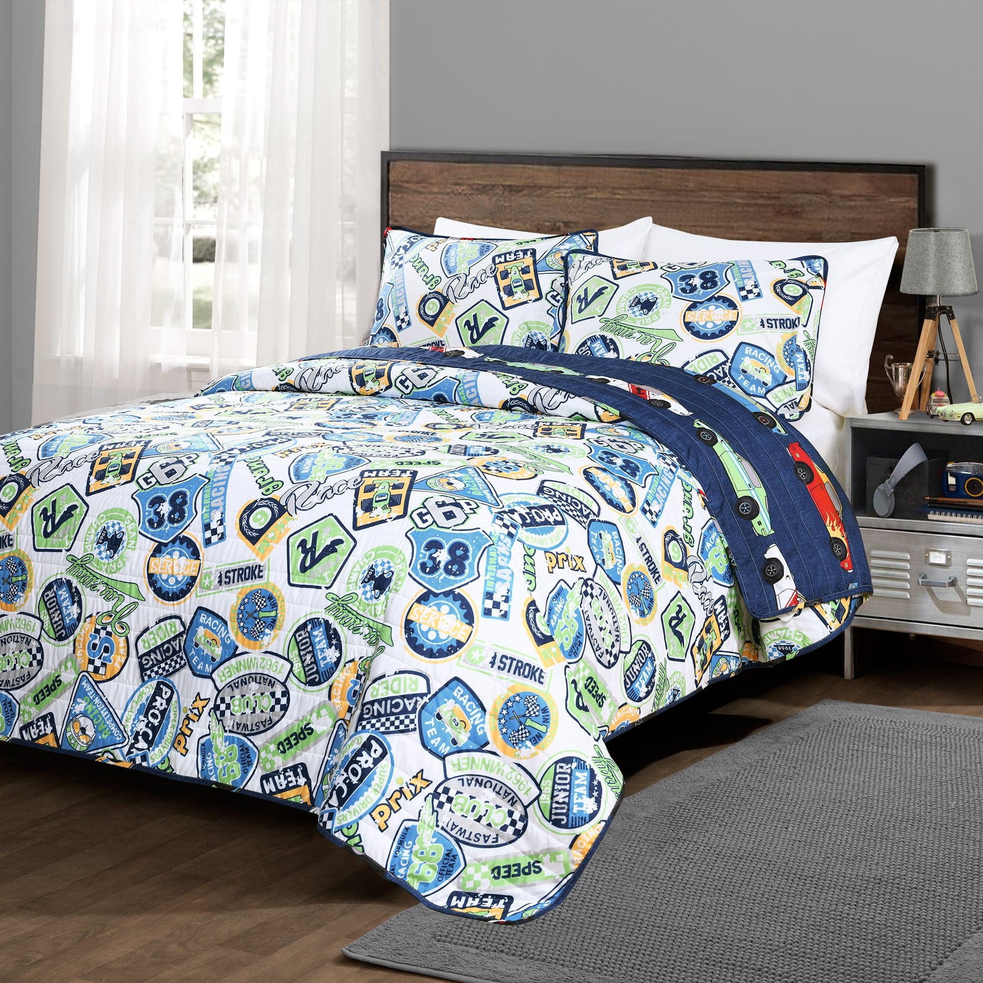 Lush Decor Race Cars Kids Polyester Reversible Quilt, Full/Queen, Blue/Orange, 3-Pc Set