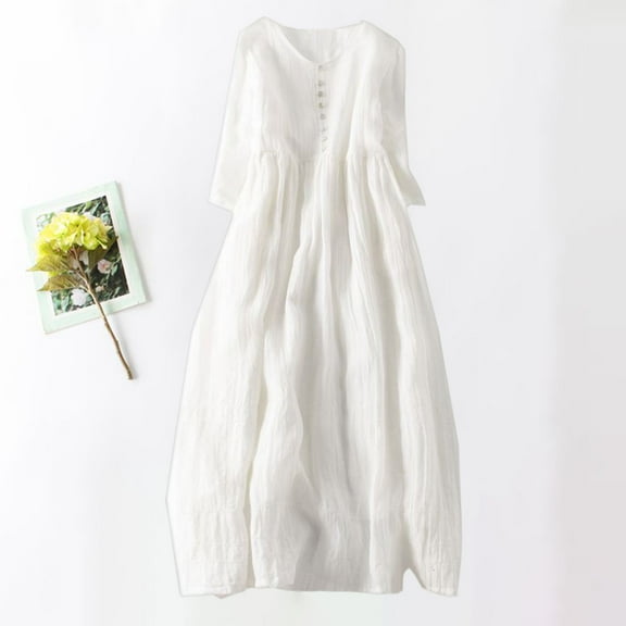 Zorckvet Summer Dresses for Women Short Sleeve Loose Cotton Linen Flowy Beach Crewneck Ladies Dress