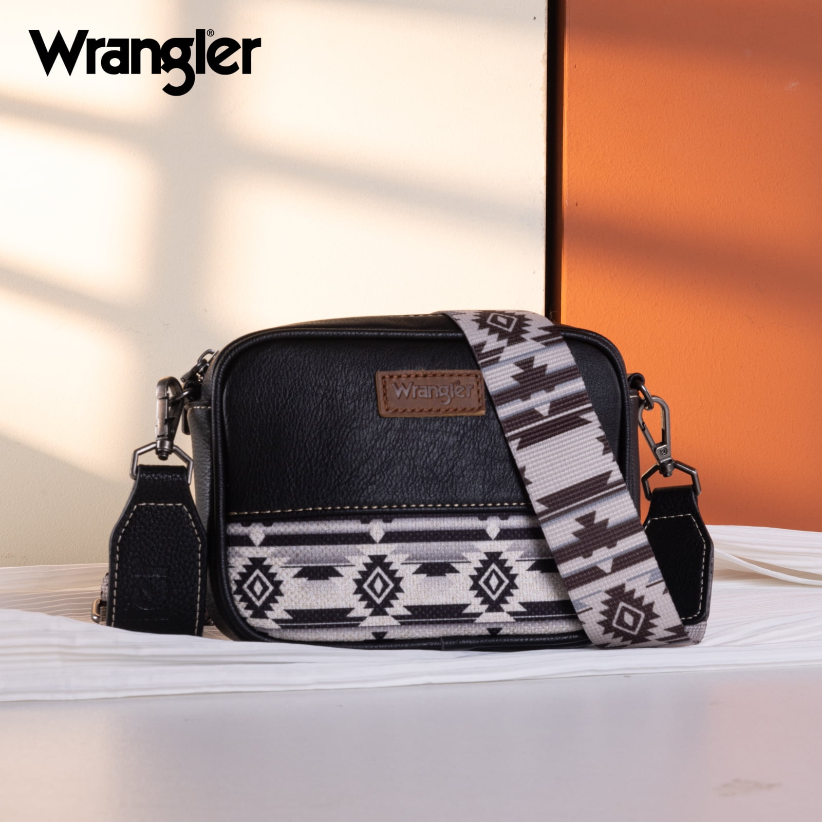 Wrangler Crossbody Bag for Women Aztec Mini Crossover Purse with Guitar Strap, Black