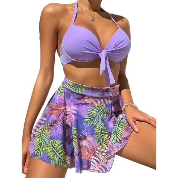 Womens High Waist V-Neck Twists Front Beachwear Bikini Set Split Spaghetti Bikini Printed Swimsuit Ruffled Swimming Suit