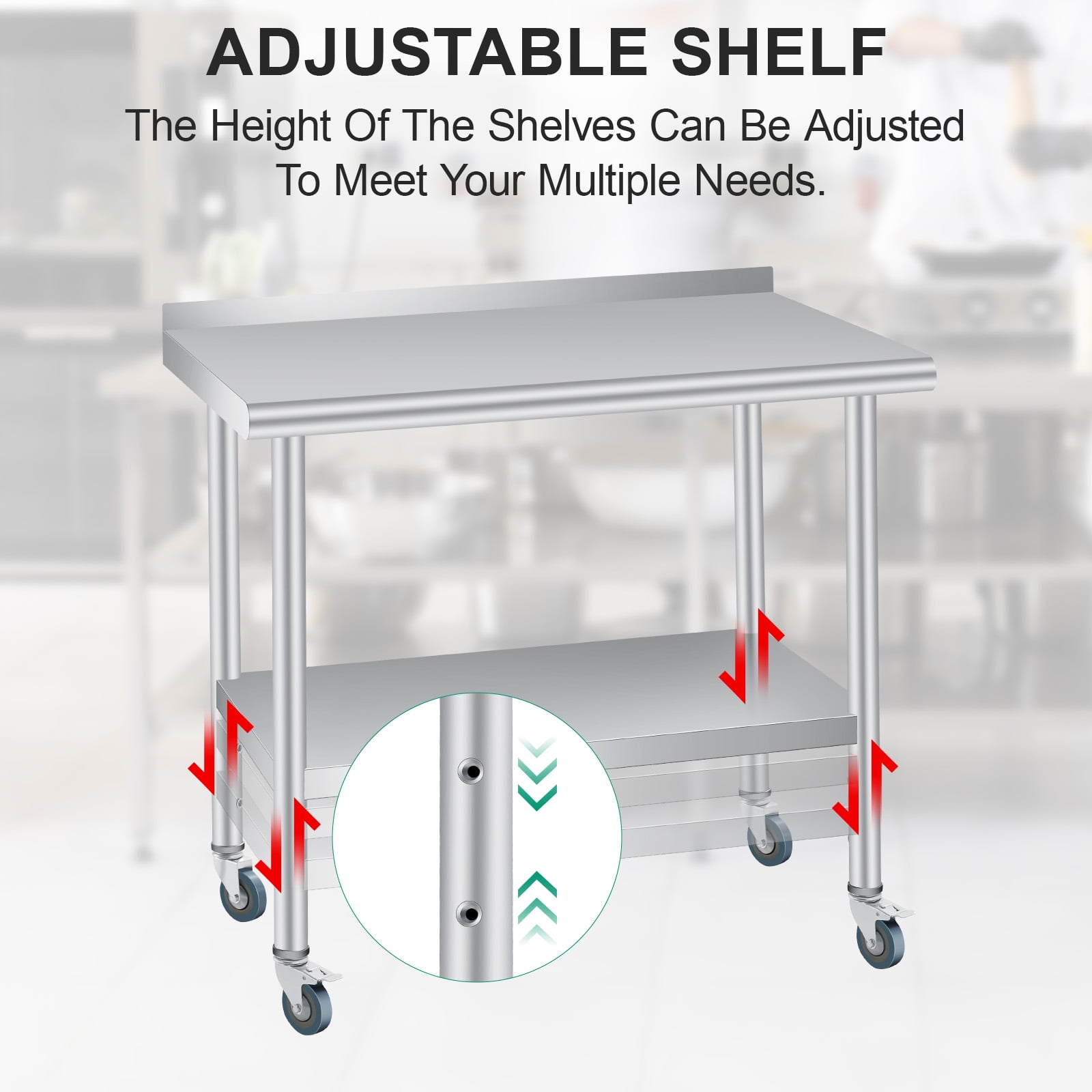 Gaderth Kitchen Prep Table, Prep Table With Storage, Heavy Duty Stainless Steel Kitchen Work Table With Backsplash And 4 Caster Wheels, Kitchen Utility Table, Metal Prep Table For Restaurant, Home