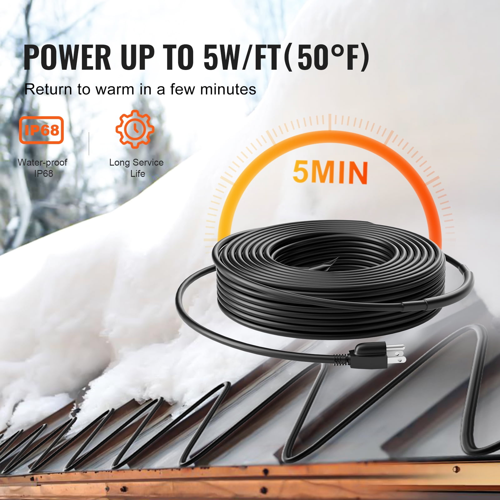 KFFKFF Self-Regulating Pipe Heating Cable, 80FT 5W/FT Heat Tape for Pipe Freeze Protection, Roof Snow Melting, and Gutter De-icing