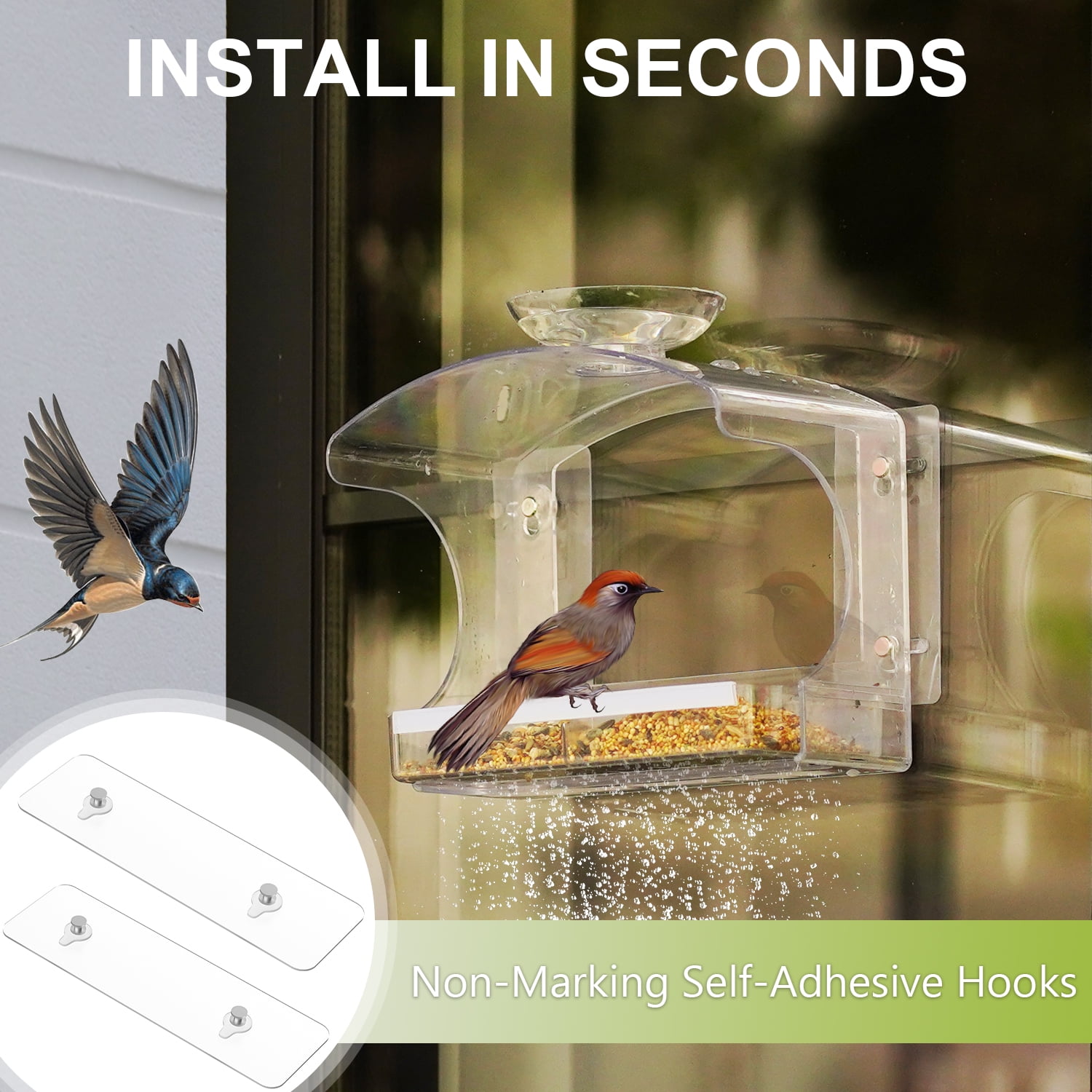 Window Bird Feeders Outside with 2 Non-Marking Self-Adhesive Hooks