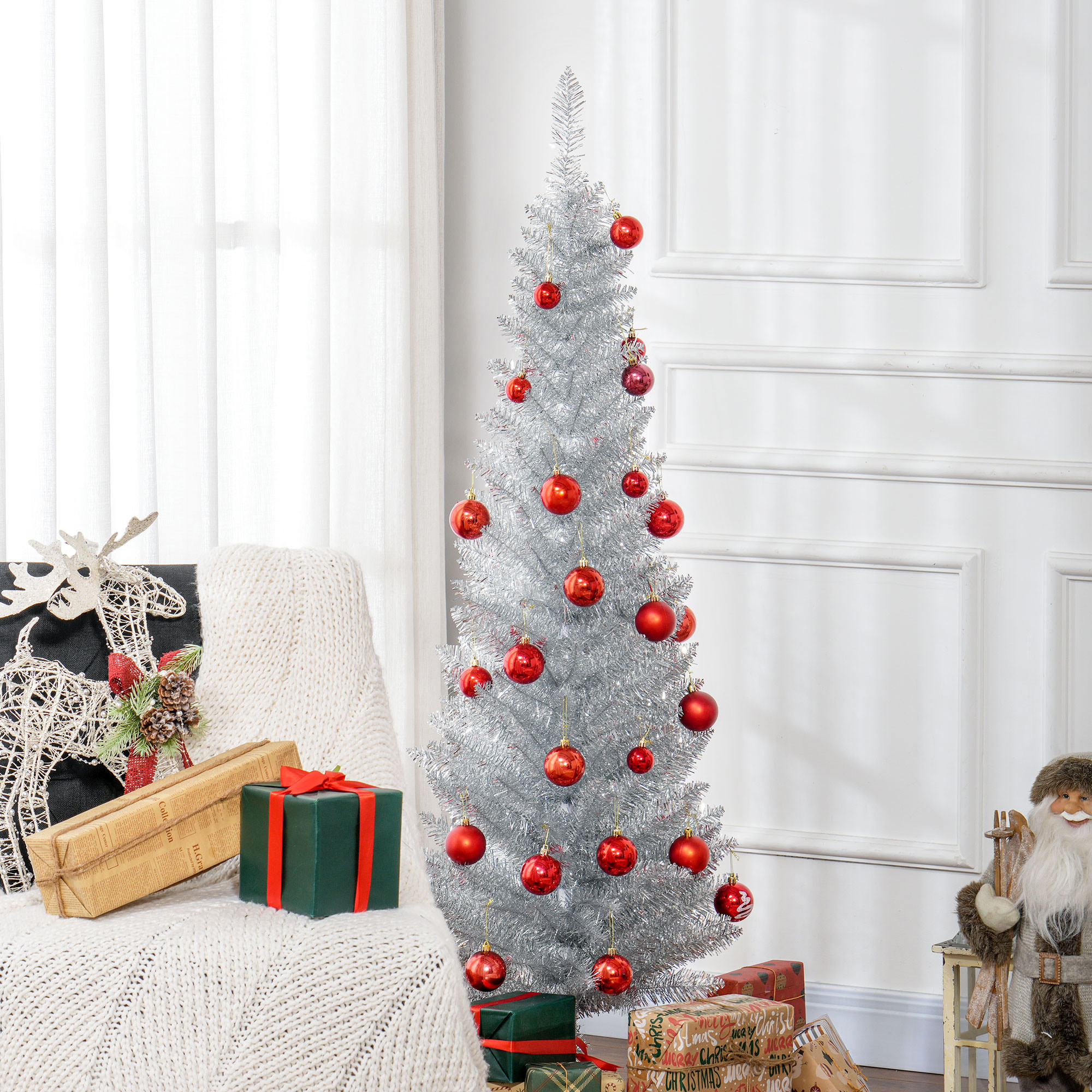 Astoutdoor 5 ft Artificial Pencil Christmas Tree, Slim Xmas Tree with 294 Branch Tips and Plastic Stand, Silver