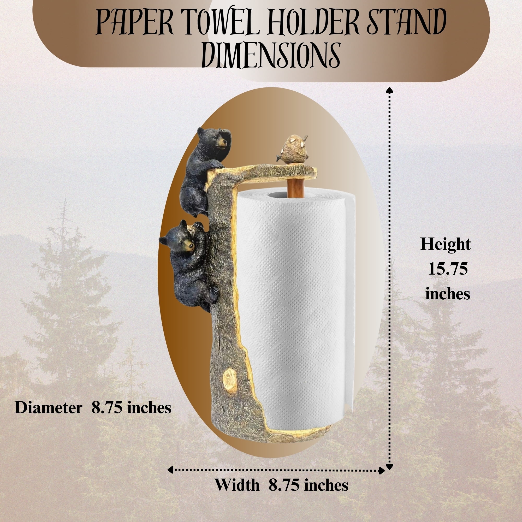Black Bear Climbing Tree Paper Towel Holder Stand Dispenser, Rustic Woodland Home Kitchen Countertop Decor - Wildlife Themed Paper Towel Holder for Cabin, Lodge, and Rustic Kitchens