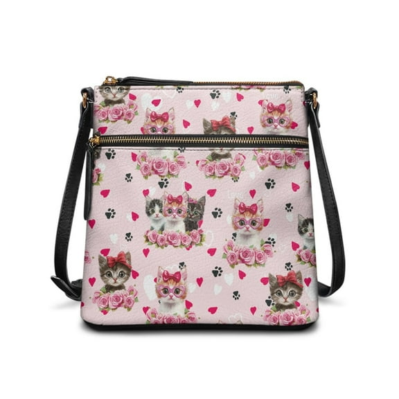 LedBack Cat Print Women Shoulder Bag Crossbody Leather Satchel Purse Handbag with Adjustable Strap, Valentine's Day Hobo Bag with Multi Zipper Pocket for Shopping Travel, Pink