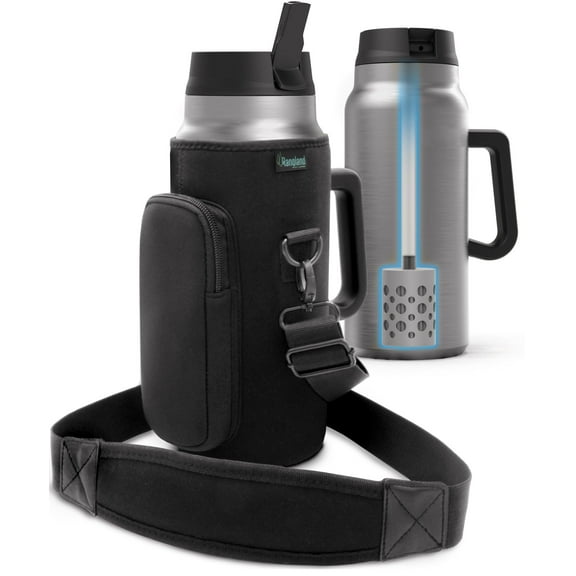 64 oz Water Bottle with Filter Straw Lid and Handle, Insulated Filtered Half Gallon Tumbler for Hot/Iced Drinks (Neoprene Carrying Strap Bag Included)