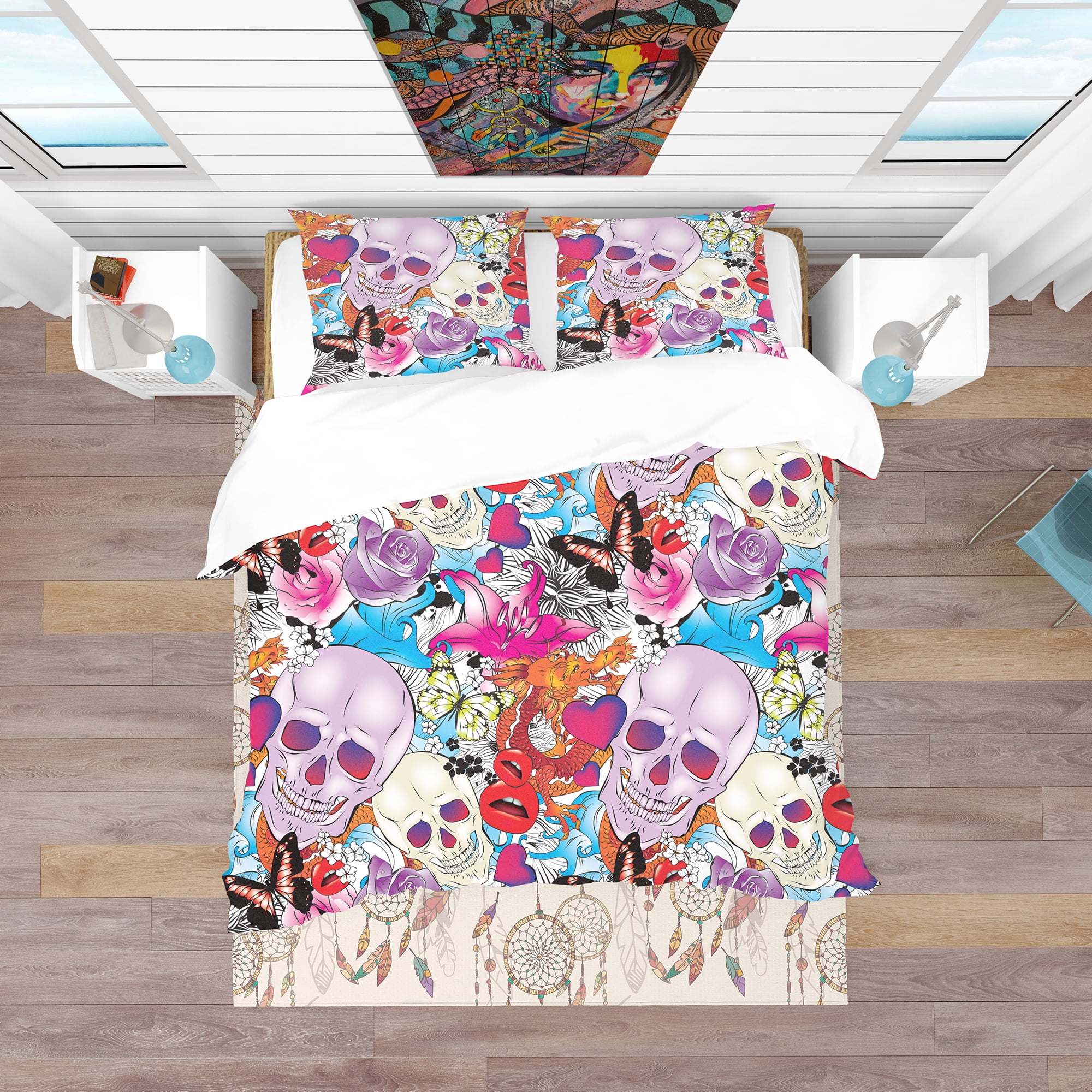 Designart 'Pattern with Hearts, Skulls & Flowers' Bohemian & Eclectic Duvet Cover Set