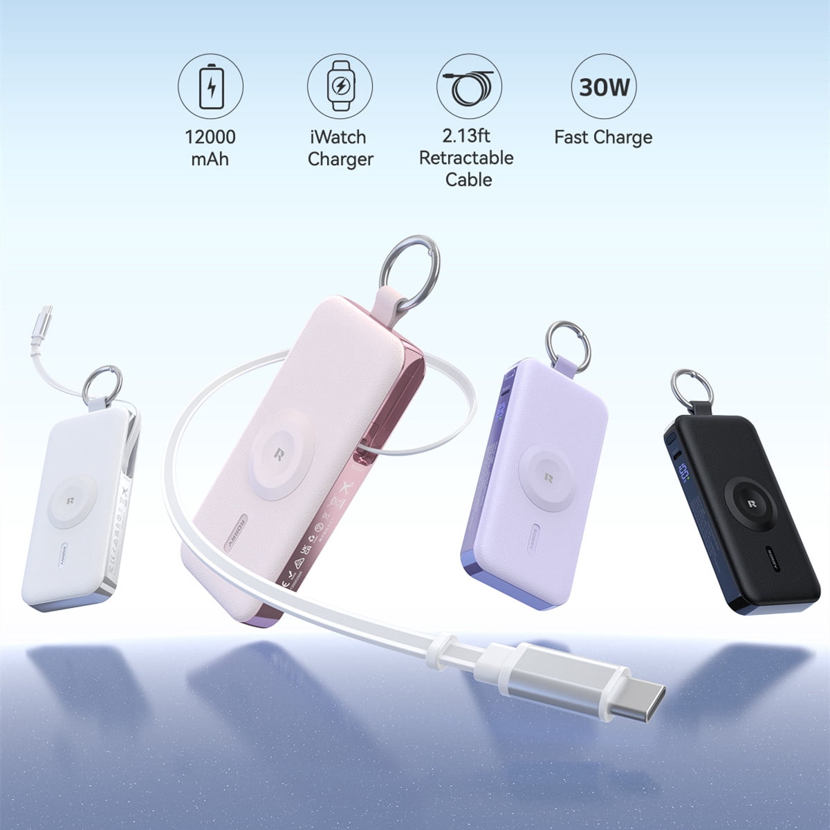 RORRY 12000mAh Portable Charger with USB-C Retractable Cable, Apple Watch Charger, 30W Fast Charging Power Bank for iPhone 17/16/15, Samsung Galaxy, Pixel-Pink