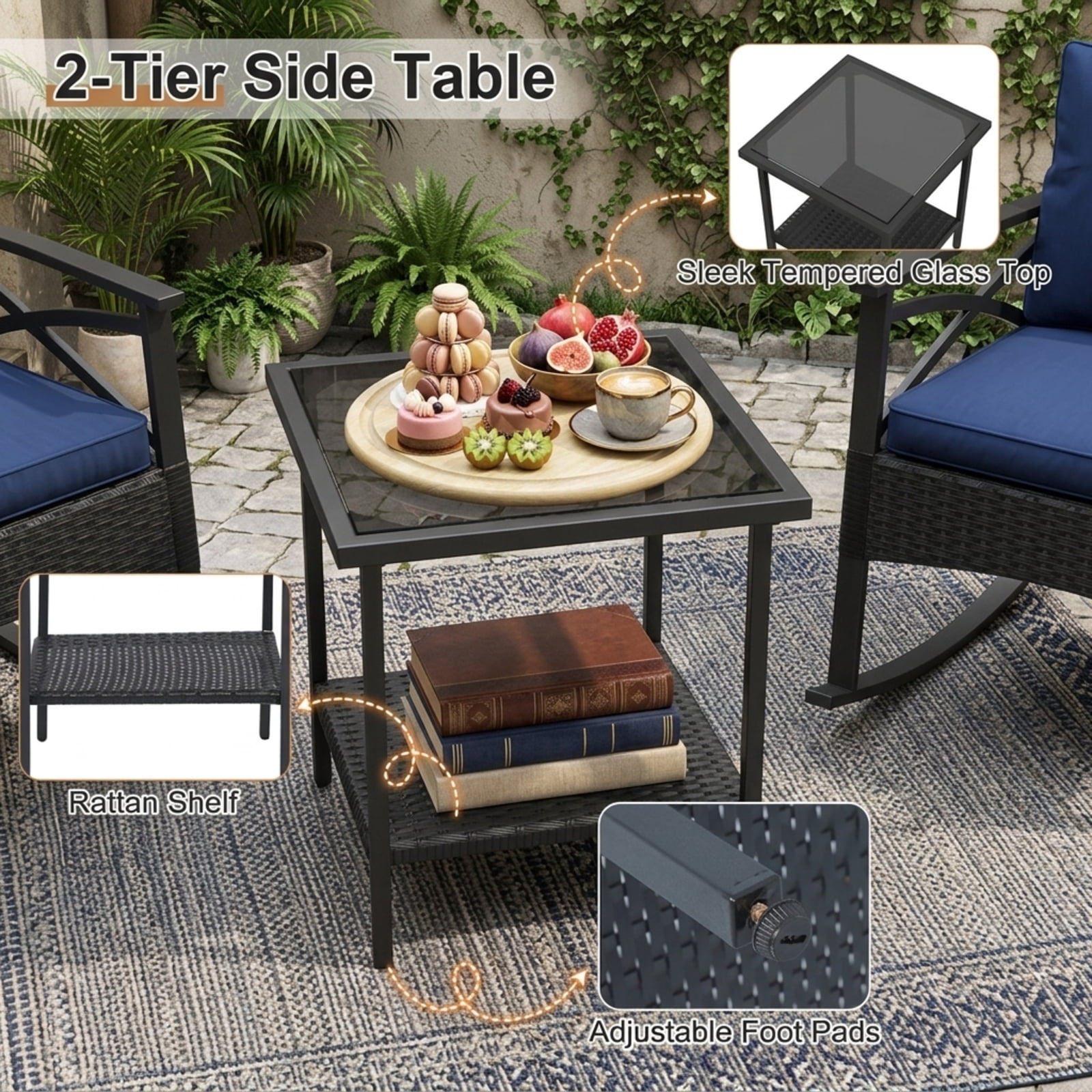 Furnibear 3-Piece Outdoor Rocking Chair Set with Side Table, 2 Wicker Rocking Chairs, Navy Cushions, 400 lbs Capacity, Patio Garden Backyard