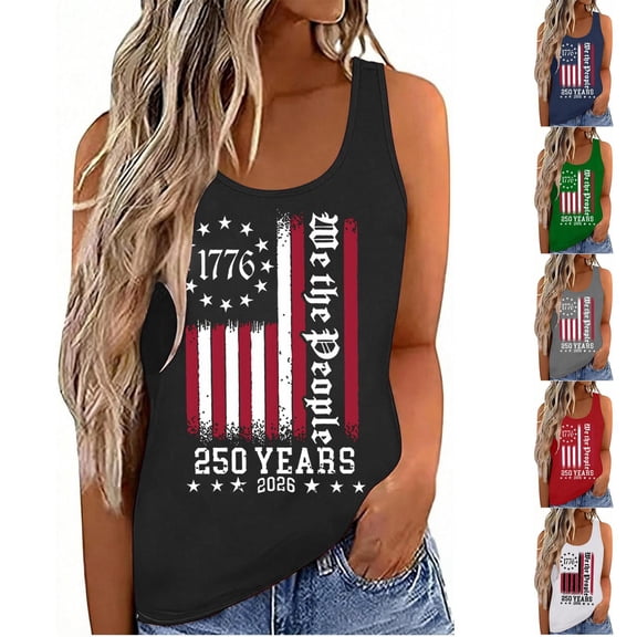 250th Anniversary Tank Top for Women 1776-2026 - We the People Vintage Distressed American Flag Scoop Neck Sleeveless Tee - Patriotic Independence Day Graphic Top Black L