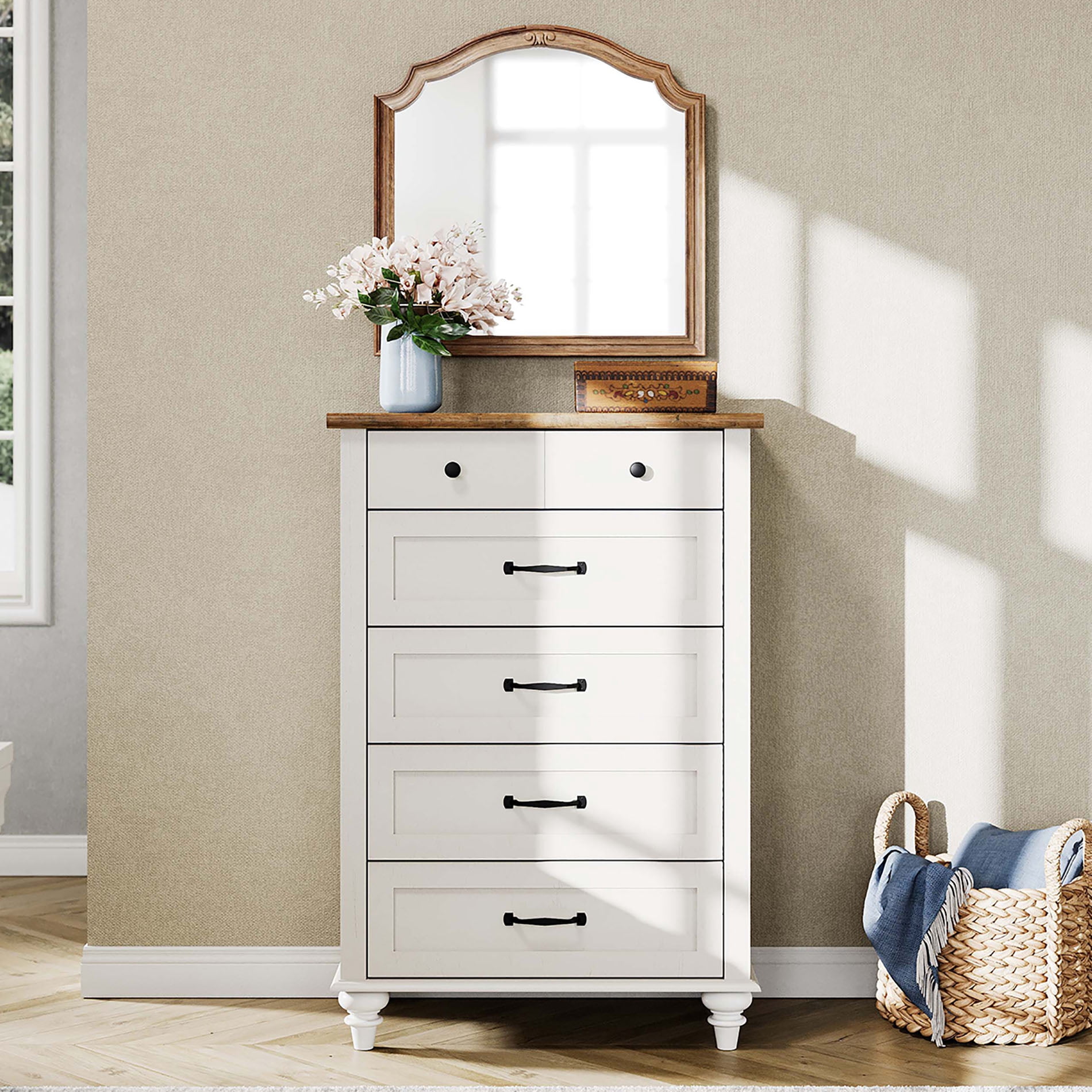 Mid Century Dresser with 5 Drawers, Tall Kids Dresser TV Stand for Living Room Kids Room, White