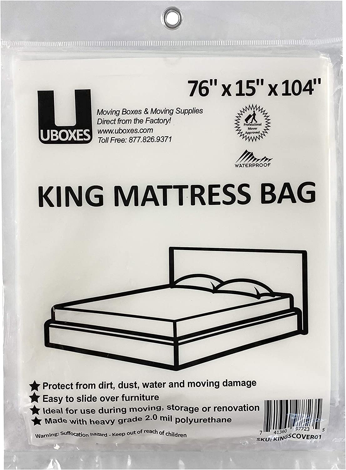 uBoxes Moving Supplies King Mattress Cover/Bag 76" x 15" x 104" , Clear