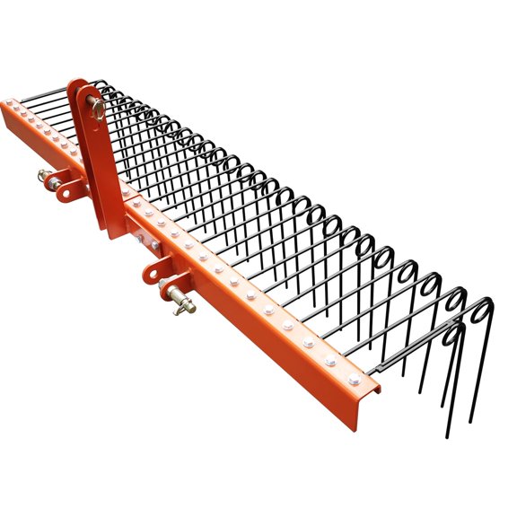 72" Pine Straw Rake Heavy Duty Steel Spring Landscape Rake with 30 Spring Tines, for Tractors, Powder Coated Steel Straw Rake Suitable for Cat1 Cat2 Tactors, Orange