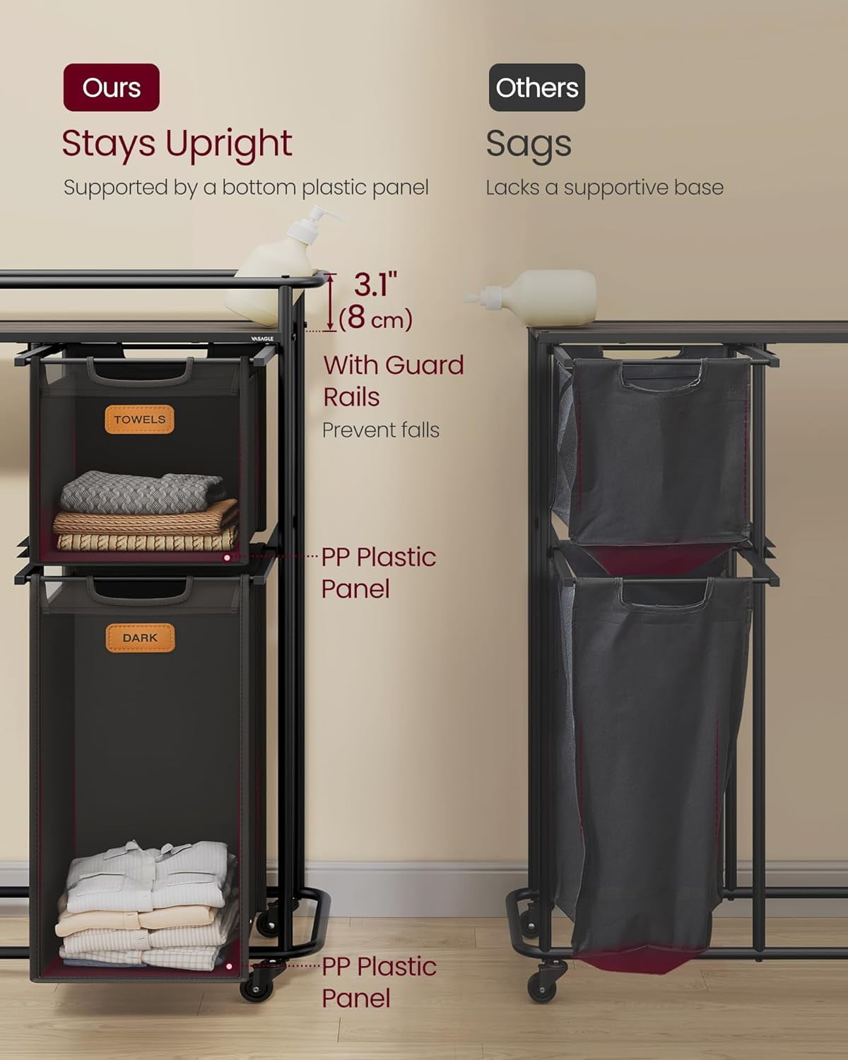 Laundry Sorter, Laundry Basket with Wheels, 39.6 Gal. Rolling Laundry Hamper, Portable Laundry Cart 4 Removable Liners and 6 Labels, Ink Black and Chestnut Brown