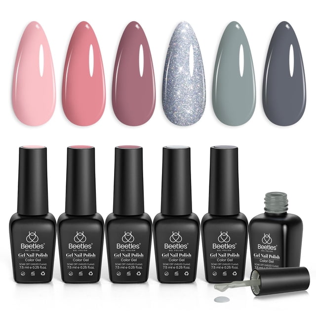 Set de esmaltes de uñas en gel con forma de escarabajos, 6 colores, rosa, nude y gris con purpurina
