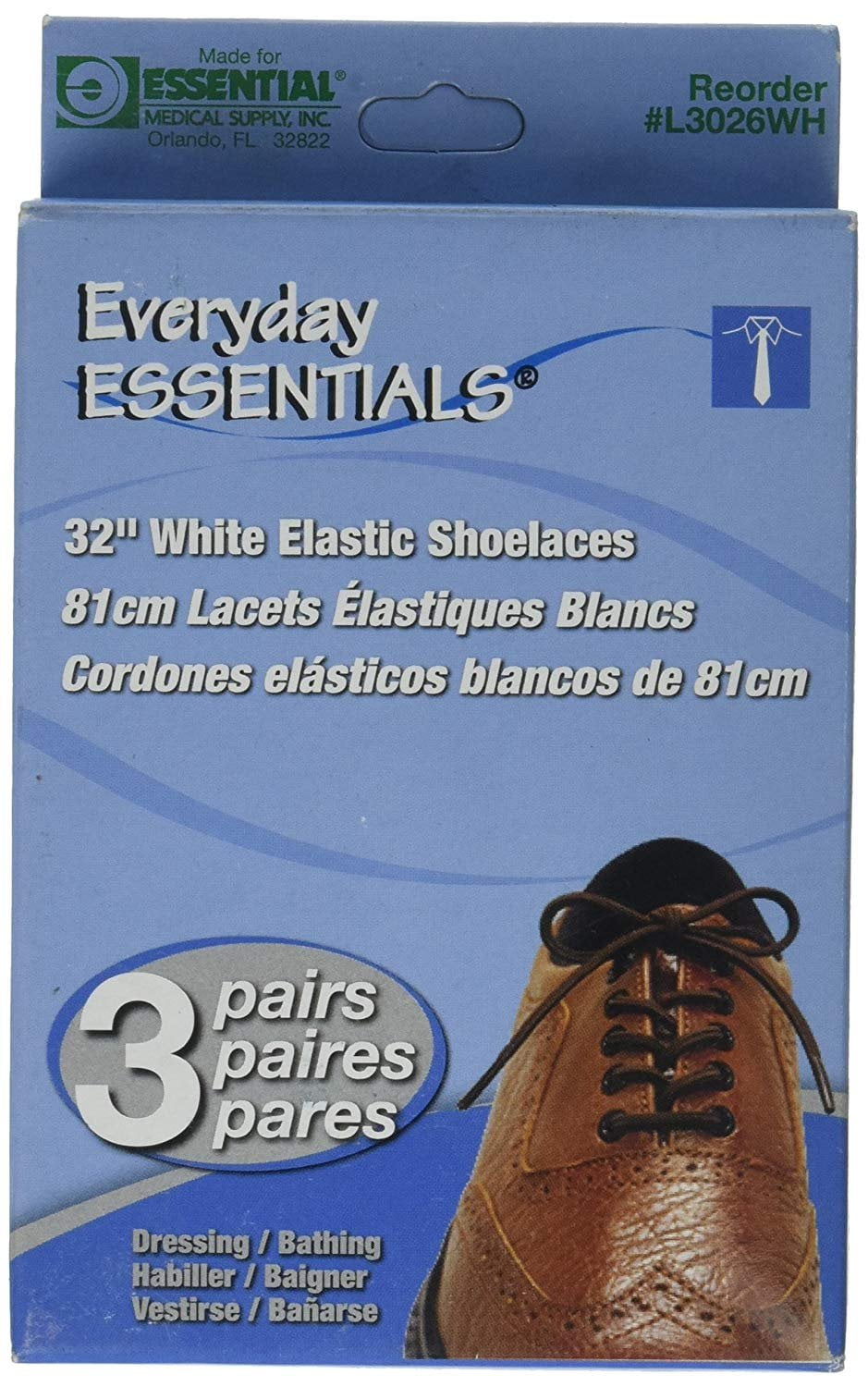 Essential Medical Supply Tie Once Elastic Shoelace 3 Pairs in 1 Pack White 24'' 