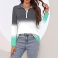 thumbnail image 7 of WTOBBY Women's Ombre Print Polo Shirt - Long Sleeve Casual V-Neck Zipper Detail Tops for Women, Spring Fall Fashion Comfort Stretch Gradient Design,Mint Green S, 7 of 7