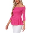 thumbnail image 4 of INSPIRE CHIC Women's Floral Lace Blouse Off Shoulder Sheer 3/4 Sleeve Peplum Top XS Rose Red, 4 of 5