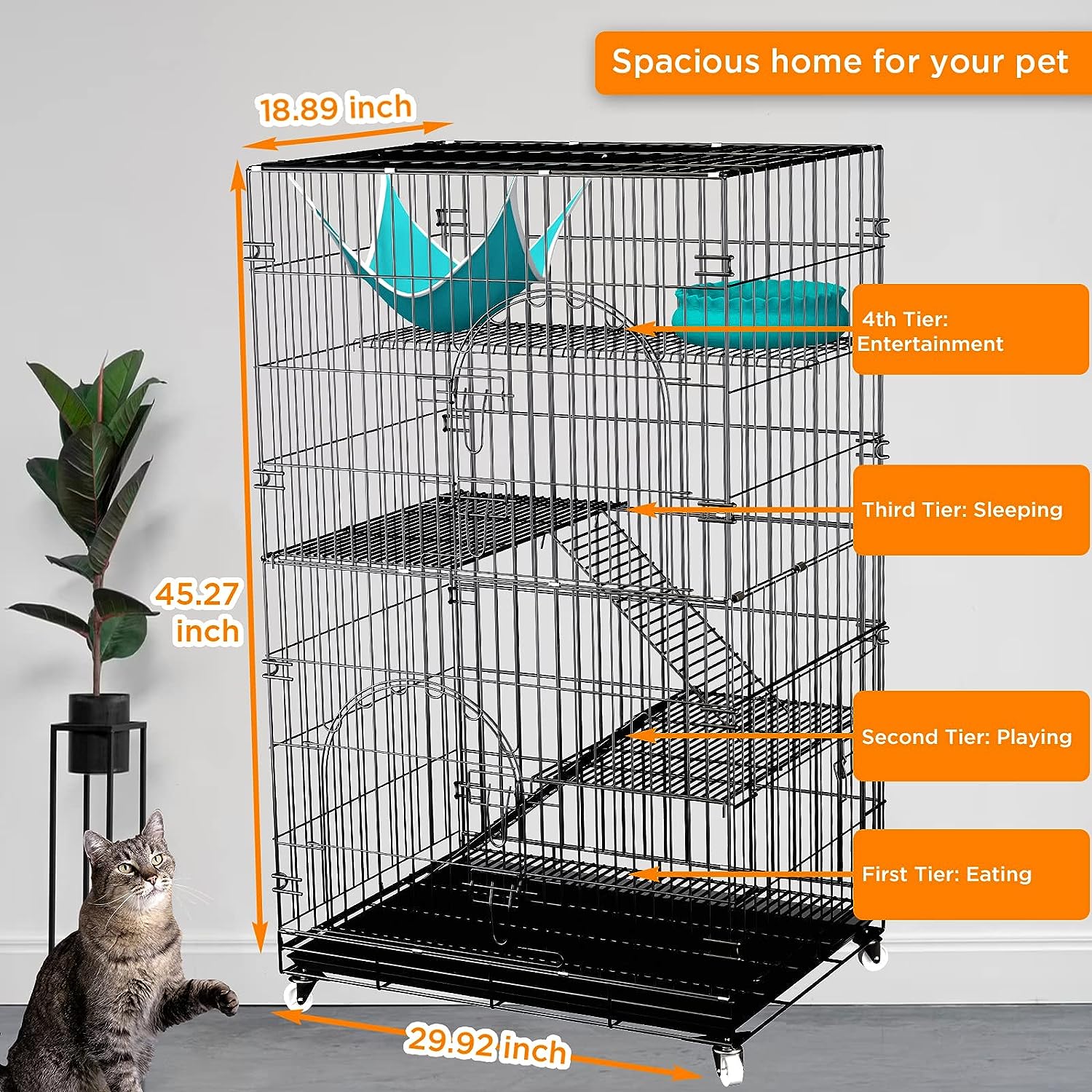 Jollebone Large Cat Cage 4-Tier Foldable Cat Enclosures Playpen Indoor ...