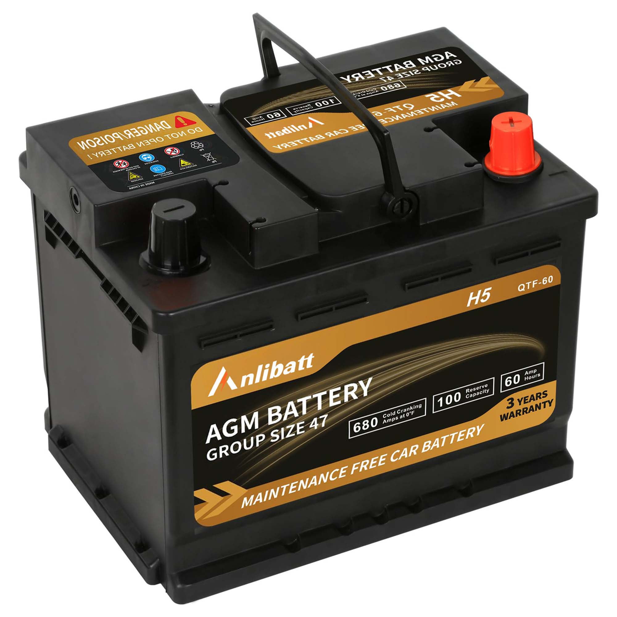 Anlibatt Platinum AGM Group 47 Battery, 12 Volt Rechargeable Automotive Batteries for Car, H5 680CCA 60Ah 100RC