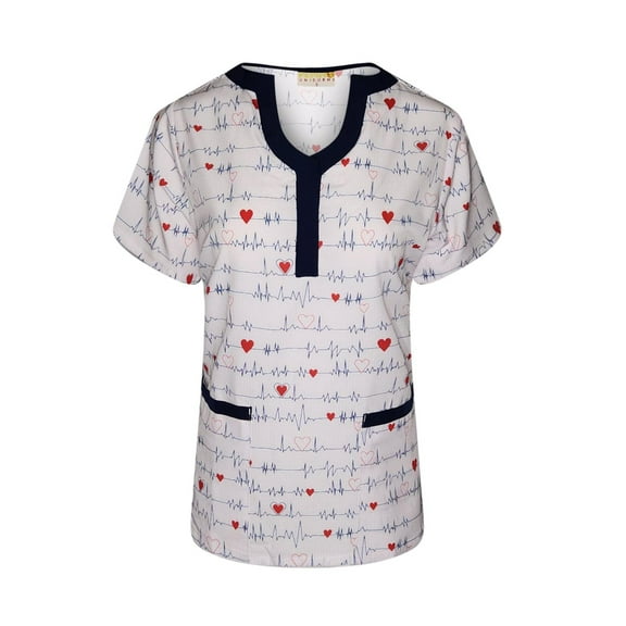 Pepino Uniforms Printed EKG Black Trim U-Neck Scrub Top