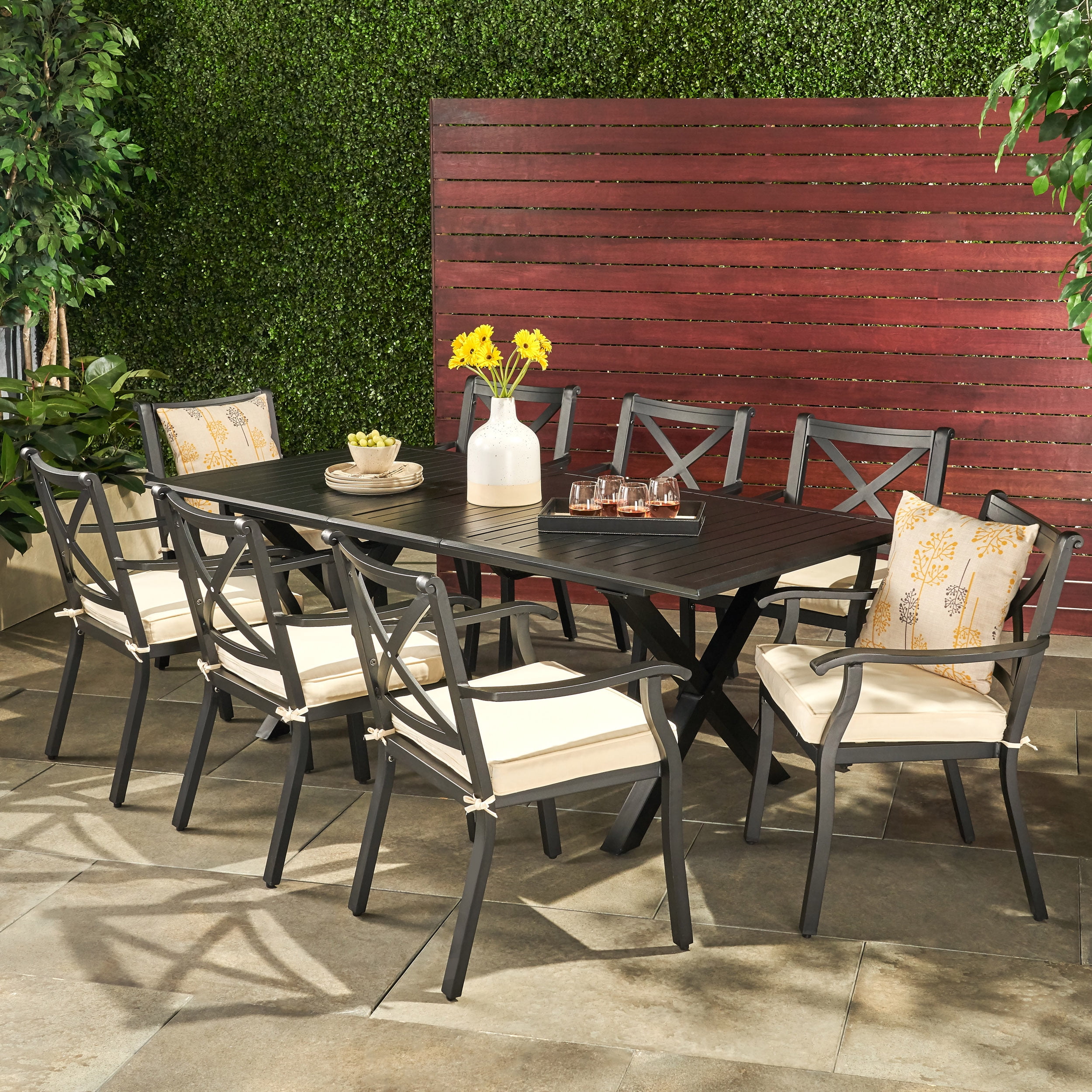 Eowyn Outdoor 9 Piece Cast Aluminum Dining Set with Ivory Water