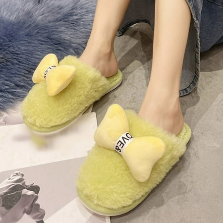 

Slippers Fashion Winter Women Slippers Flat Bottom Non Slip Round Toe Bow Knot Solid Color Plush Warm And Comfortable