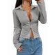 thumbnail image 3 of Camisa Corta A Rayas con Botones y Larga Ajustada para Mujer, Blusa de Trabajo Gris M, 3 of 10