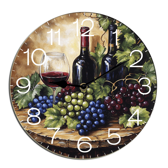 Kurmntregon Wine Glasses Grapes Wall Clock Winery Farm Silent Non Ticking Wooden Clocks Decorative Battery Operated For Bedroom Kitchen Living Room Bathroom Round 10"