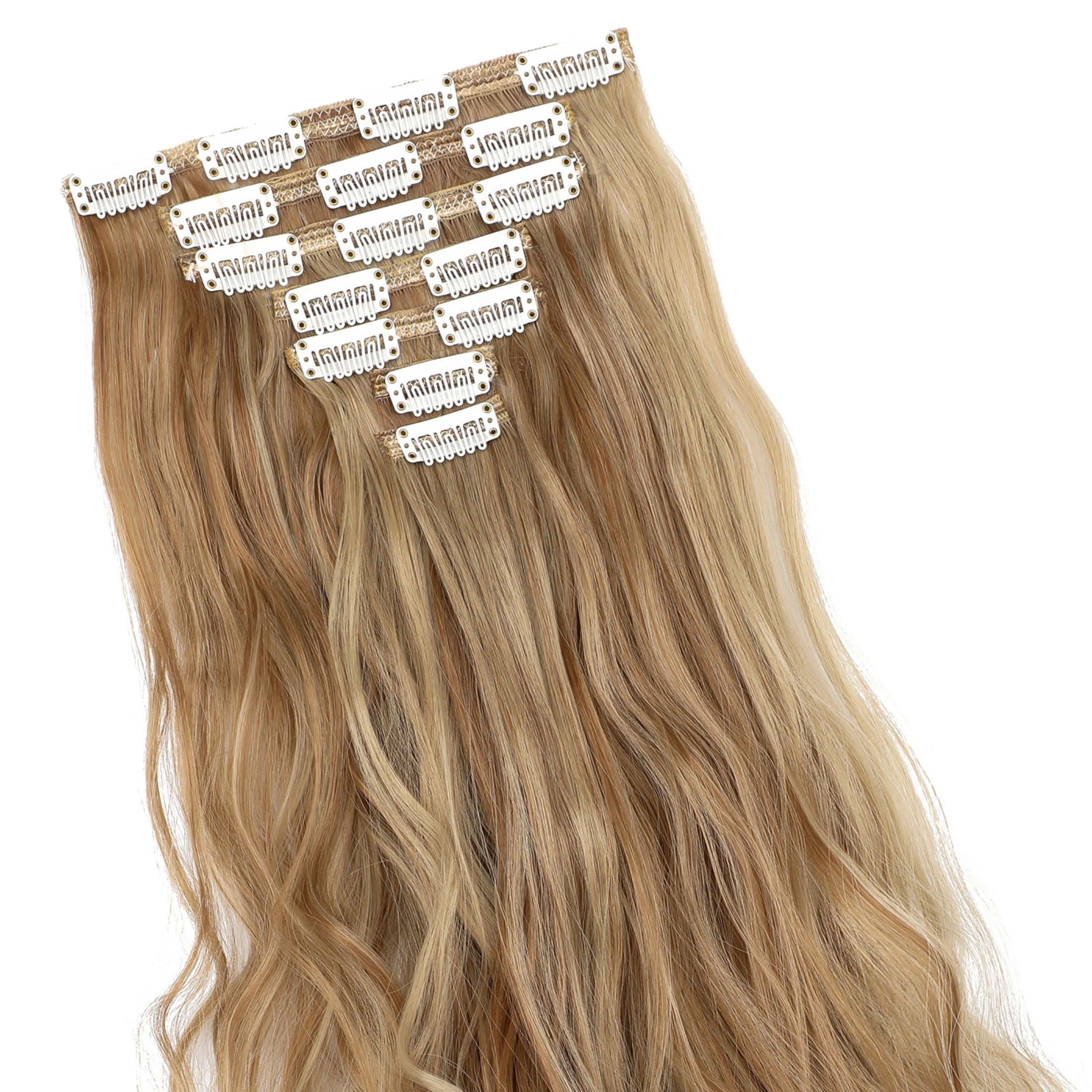 Qlenkay Clip in Hair Extensions Synthetic Hair 7 pcs Double Weft Long Wavy Straight Hair Extension for Women