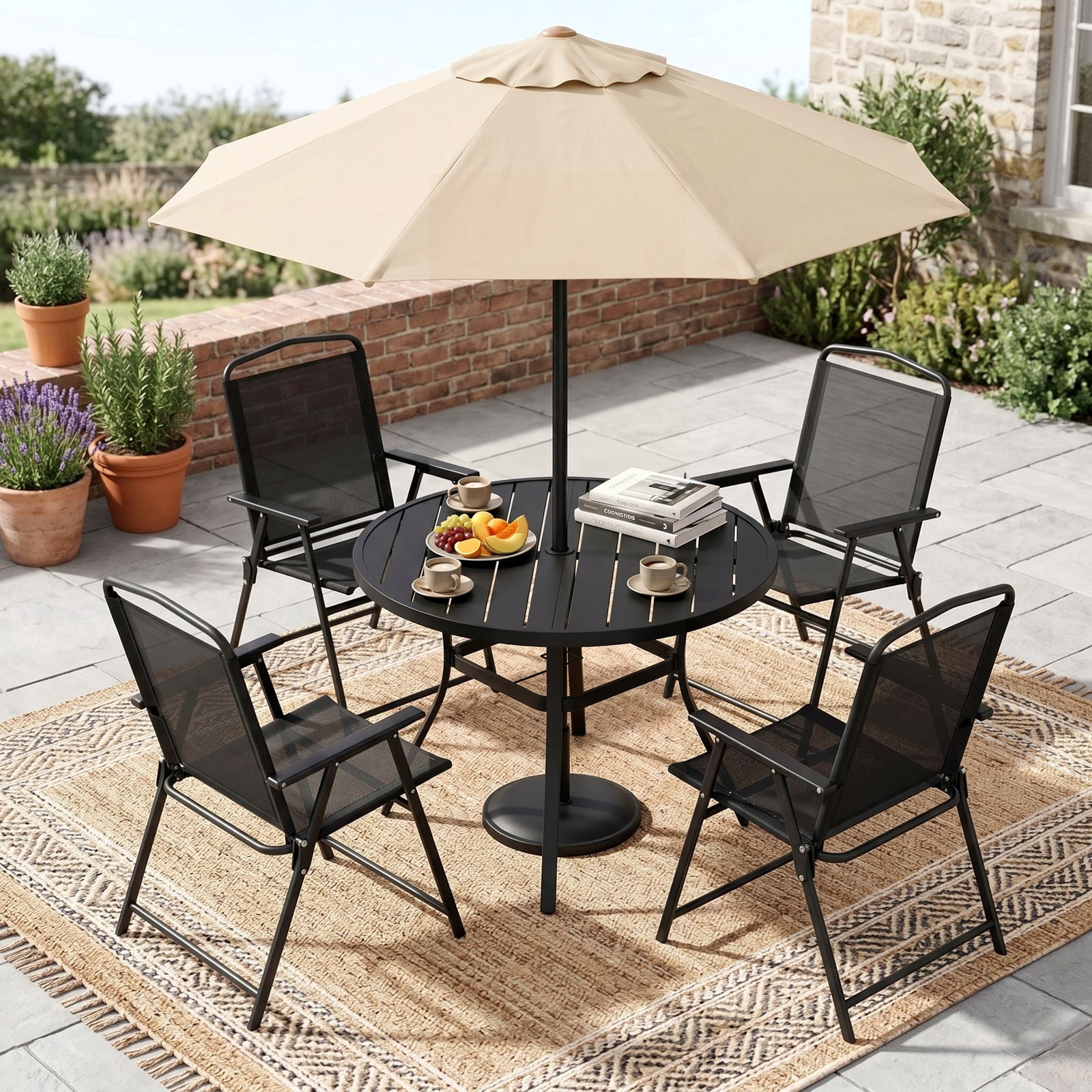 TLSUNNY 4 Pcs Patio Folding Chairs, Heavy-Duty Metal Frame W/ Armrests Portable Outdoor Foldable Chairs, Black